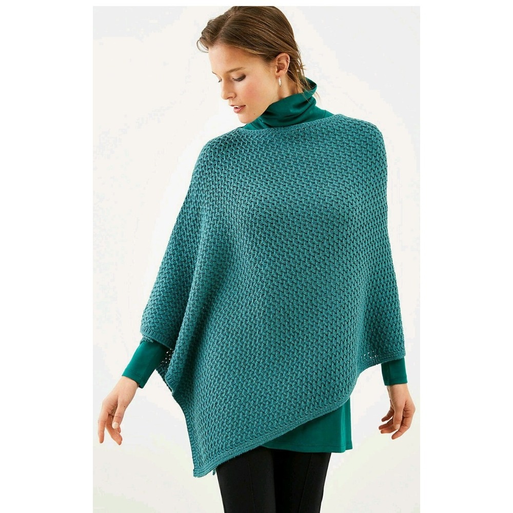 J. Jill Jade Heather Teal Knit Poncho One Size Cotton Wool Blend Fall Boho